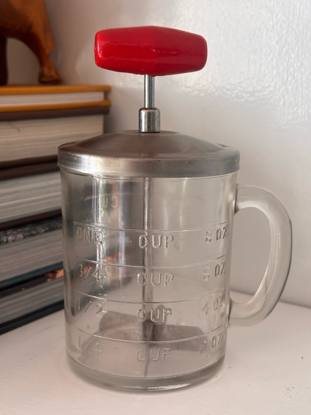 Vintage Anchor Hocking/Androck 1 Cup Clear Glass Chopper with Red Wooden Handle